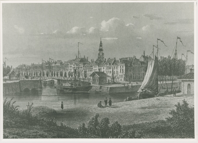B-259 Lithografie van de Haven, de Rouaansekaai en de Dwarskaai te Middelburg, gezien vanuit het zuid-oosten