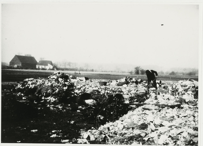 B-955XX Personeelslid van Gemeentereiniging op de stortplaats op een weiland in de omgeving van Middelburg.Origineel ...