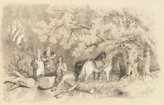 H-109 Een houthakker met twee paarden krijgt te eten van twee vrouwen in een bos, op de achtergrond een lopende man en vrouw