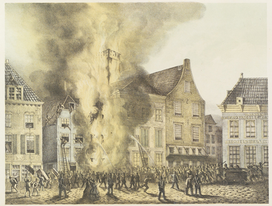 H-12 Gezigt bij het uitbarsten der brand te Middelburg. op Zondag, den 28 Junij 1857. Het blussen van de brand in het ...