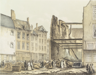 H-13 Gezigt op de ruïne, veroorzaakt door den brand te Middelburg. op Zondag, den 28 Junij 1857. De ruïne van het huis ...