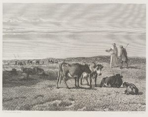 H-19-B Fantasievoorstelling van Norbertijnen uit de Abdij van Middelburg, die vee weiden in de duinen van Walcheren, ...