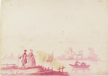 H-59-XI Een man en een vrouw kijken uit over een vaart, met een roeier met een visfuik in de roeiboot en achter een kasteel