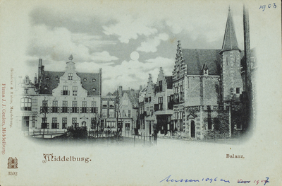 P-174 Middelburg. Balans.. Gezicht op de Balans met fontein te Middelburg met op de achtergrond de Sint Jorisdoelen en ...