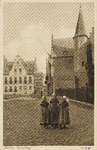 P-183 Balans Middelburg.. Drie meisjes in Walcherse dracht op de Balans te Middelburg met op de achtergrond de Sint ...