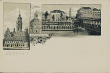 P-2 Middelburg.. Drie afbeeldingen van Middelburg; het stadhuis, de Oostkerk en een gezicht via de stationsbrug op de ...
