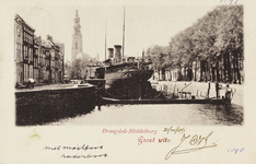 P-294 Droogdok-Middelburg Groet uit. Gezicht op het droogdok met de mailboot te Middelburg, links de Dam Zuidzijde. Op ...