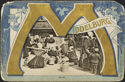 P-3 Middelburg Markt.. Vrouwen met juk, in Walcherse dracht,verkopen hun waren op de Grote Markt te Middelburg voor het ...