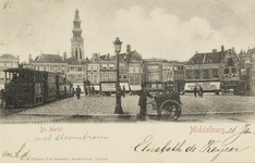 P-584 De Markt Middelburg.. Gezicht op de Grote Markt te Middelburg met de stoomtram en een handkar. Op de achtergrond ...