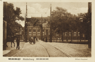 P-632 Middelburg Militair-Hospitaal. Gezicht op het Militair Hospitaal te Middelburg. Op de voorgrond een man met paard ...