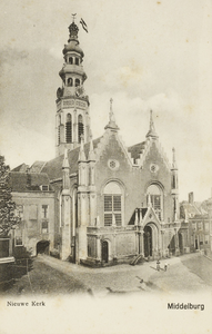 P-671 Nieuwe Kerk Middelburg.. Gezicht op de Nieuwe Kerk en de abdijtoren te Middelburg.