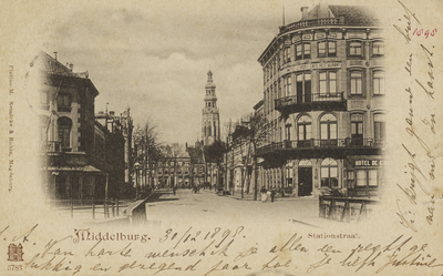 P-966 Middelburg. Stationstraat. Gezicht op de Stationsstraat te Middelburg, met rechts hotel Du Commerce. Op de ...
