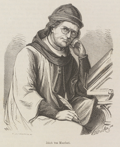 PT-14 Jakob van Maerlant. Jacob van Maerlant (circa 1225-1291), schrijver, aan lessenaar, met bril en ganzenveer