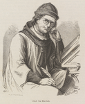 PT-14 Jakob van Maerlant. Jacob van Maerlant (circa 1225-1291), schrijver, aan lessenaar, met bril en ganzenveer