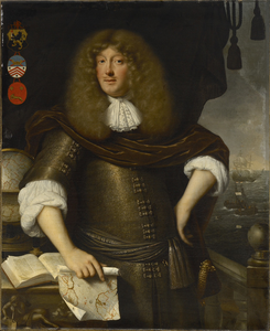 139 Portret van mr.jhr Johan Radermacher (1634-1704) met o.a. opengeslagen boek, familiewapen, wereldbol en zeekaart en ...