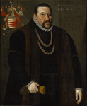 141 Portret van Anthonis Cornelisz. Duvelaer, met kanten kraag en twee gouden kettingen, linksboven gehelmd ...