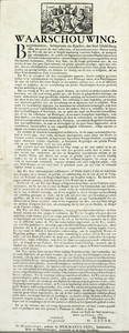 144 Houtsnede met letterdruk, 'Waarschouwing, enz.' Te Middelburg, gedrukt by Hermanus Snel