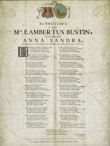 294 Ter Bruyloft van monsr Lambertus Bustin en de Jonge Juffer Anna Sancka 't Samen gestrengend - door den Bandt des ...