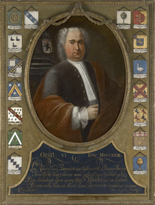 322 Portret van Abraham de Brauw (?-1763), raadsheer in het Hof van Vlaanderen, met vers en omgeven door zestien ...