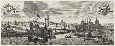 68 Zeventiende-eeuwse fantasievoorstelling van de stad Middelburg rond 1400, met haven en schepen