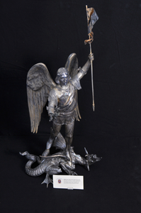 92 'Sint Joris en de draak', verzilverd bronzen beeld gesigneerd: C.B. Samuel cie Ses Bronze Bruxelles, Sint Joris ...
