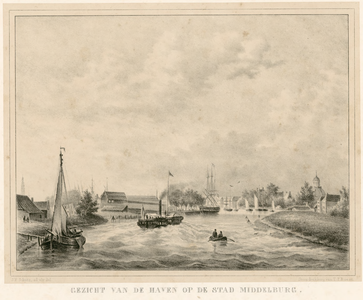 8 Gezicht op de stad Middelburg, gezien vanaf het in 1817 gegraven havenkanaal, met onder andere een radarboot