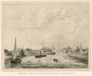 8 Gezicht op de stad Middelburg, gezien vanaf het in 1817 gegraven havenkanaal, met onder andere een radarboot