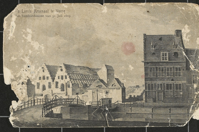 1770 's Lands Arsenaal te Veere na het bombardement van 31 Juli 1809. Gezicht op 's Lands Arsenaal en omgeving te Veere ...