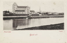 1898 Panorama Veere. Groet uit. Gezicht over het Kanaal door Walcheren op Veere met de Grote kerk en de toren van het ...