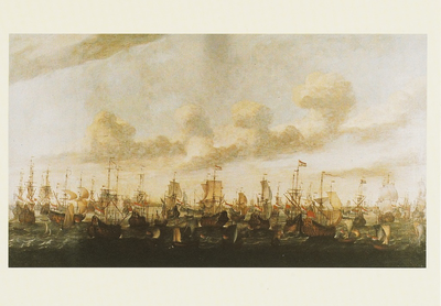 2007 Veere, stadhuis. Schilderij op linnen van Ph. van Macheren. Het uitzeilen van de vloot van stadhouder Willem III ...