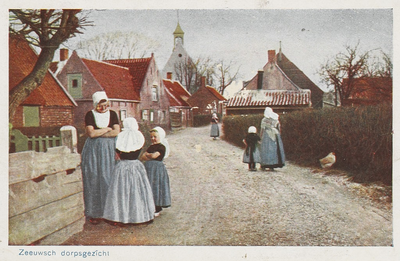 2112 Zeeuwsch dorpsgezicht. Gezicht op een straat te Vrouwenpolder. Op de achtergrond de Nederlandse Hervormde kerk
