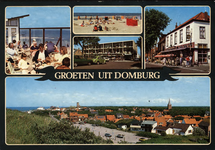 2674 Groeten uit Domburg. Vijf impressies van Domburg: terras van een strandtent, het strand, motel 't Groentje, hotel ...