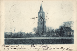 2845 Oost-Kapelle Groet uit. Gezicht op de toren van de Nederlandse Hervormde kerk te Oostkapelle