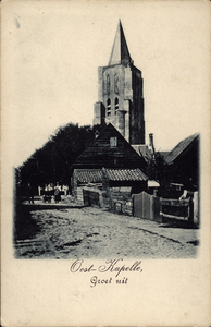 2849 Oost-Kapelle, Groet uit. Gezicht op de toren van de Nederlandse Hervormde kerk te Oostkapelle