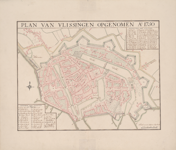 26 1750. Blad [19]. Plan van Vlissingen opgenomen Ao 1750. Kopie door A. Hattinga van de in 1750 door de luitenant F.A. ...