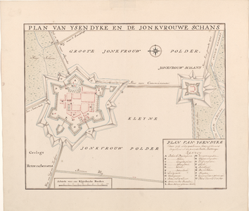 348 1748. Blad [2]. Plan van Ysendyke en de Jonkvrouwe Schans. Plattegrond van de stad Yzendyke en de vesting Jonkvrouw ...