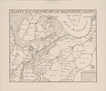 349 1735. Blad [3]. Kaarte van Yzendyke met de omleggende landen. Kaart van Yzendijke met omliggende polders en forten. ...