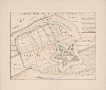405 1742. Blad [5]. Kaarte der Oude Stadt Biervliet. Kaart van de oude en nieuwe stad Biervliet. Tekening (pen, penseel ...
