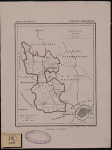 290 1866. Kaart der gemeente Grijpskerke, met aanwijzing der grenzen in kl. Steendr., z.n., met adres van Hugo ...