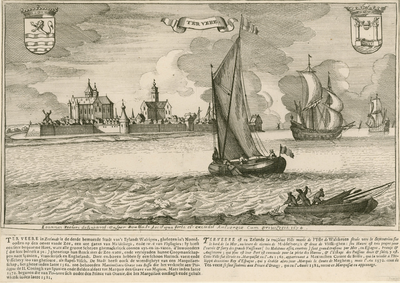 1000 Ter Vere. Gezicht op de stad Veere, vanuit zee, met op de voorgrond vissers en schepen, de wapens van Zeeland en ...