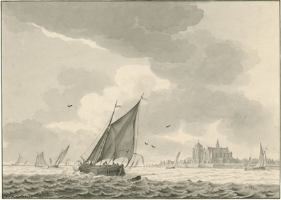 1006 Gezicht op de stad Veere, vanuit zee, met schepen op de voorgrond