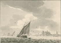 1006 Gezicht op de stad Veere, vanuit zee, met schepen op de voorgrond