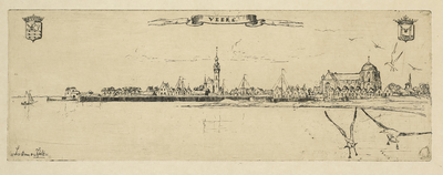 1019 Veere. Gezicht op de stad Veere, vanuit het noorden, met de wapens van Zeeland (links) en Veere (rechts) en ...