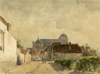 1026 Gezicht in de Kapellestraat te Veere, met een vrouw in klederdracht met kind, en op de achtergrond de Grote Kerk