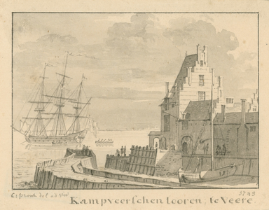 1031 Kampveerschen toren ; te Veere. Gezicht op de Campveerse toren te Veere, vanuit het noorden, met een oorlogsschip ...