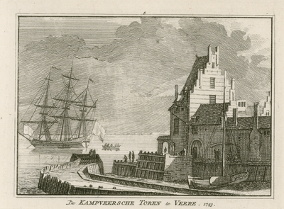 1032 De Kampveersche Toren te Veere. 1743. Gezicht op de Campveerse toren te Veere, vanuit het noorden, met een ...