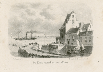 1035 De Kampveersche toren te Veere. Gezicht op de Campveerse toren te Veere, vanuit de haven, met raderboot en ...