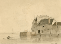 1037 Kampveersche toren te Veere in 1884. Gezicht op de Campveerse toren te Veere, vanuit zee, met aan de wand een walvisbot