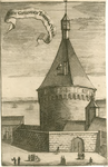 1046 Den Gevangentoren tot Veere. De Gevangentoren of Montfoortse toren te Veere, met voorbijgangers