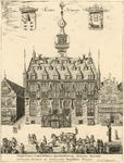 1048 Gezicht op het stadhuis aan de Markt te Veere, en aangrenzende panden, met boven de wapens van Zeeland (links) en ...